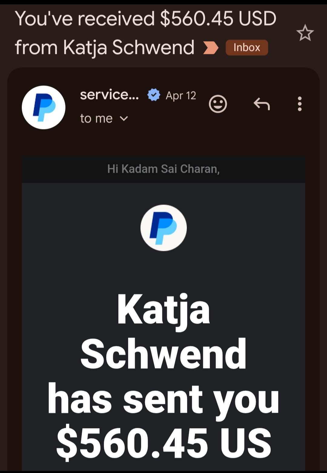$560.45 international client payment proof